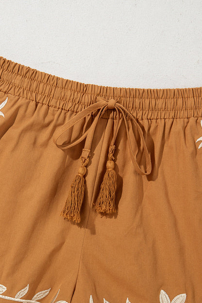 Embroidered Boho Tasseled Drawstring Elastic Waist Casual shorts - Bottoms/Casual Shorts