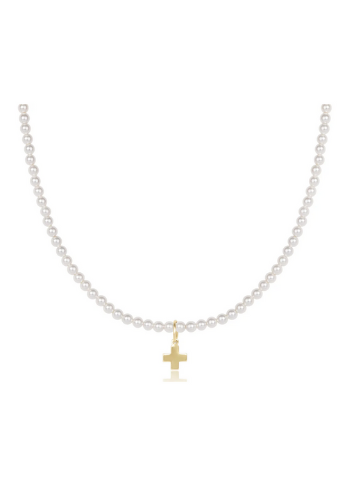 Pearl beaded necklace with a gold cross charm on a white background