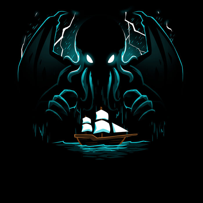 Classic Cotton T-shirt_TeeTurtle Epic Cthulhu black t-shirt featuring the fictional cosmic creature Cthulhu hovering over a brown ship with whites sails in the  in the stormy, dark sea.