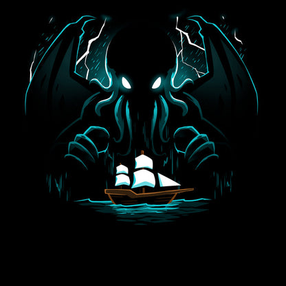 Classic Cotton T-shirt_TeeTurtle Epic Cthulhu black t-shirt featuring the fictional cosmic creature Cthulhu hovering over a brown ship with whites sails in the  in the stormy, dark sea.
