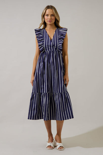 Fairness Poplin Surplice Midi Dress Verta Stripe