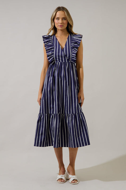 Fairness Poplin Surplice Midi Dress Verta Stripe