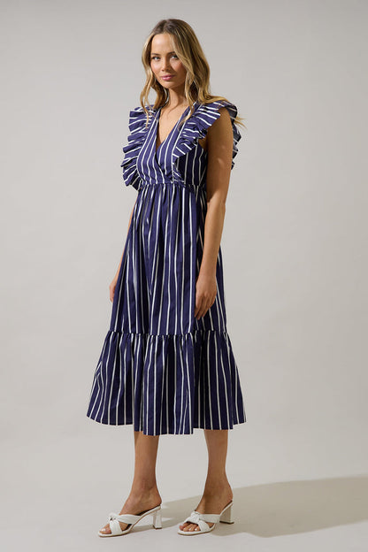 Fairness Poplin Surplice Midi Dress Verta Stripe