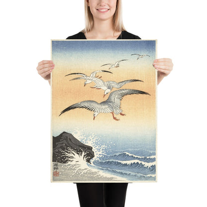 Five Seagulls Above Turbulent Sea by Ohara Koson, 1900