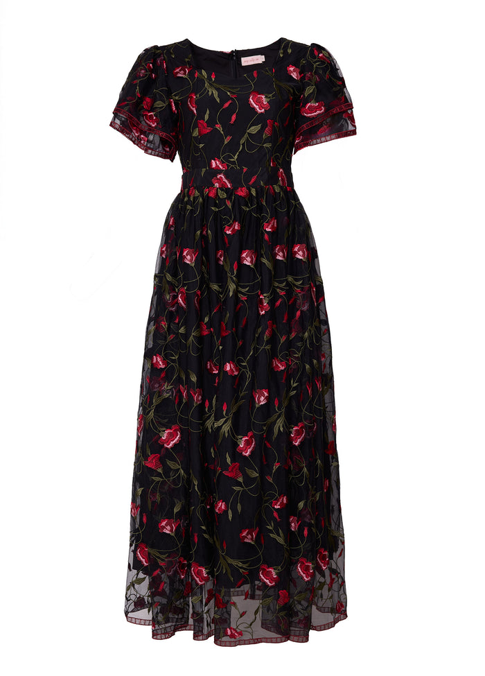 black floral dress against a white background