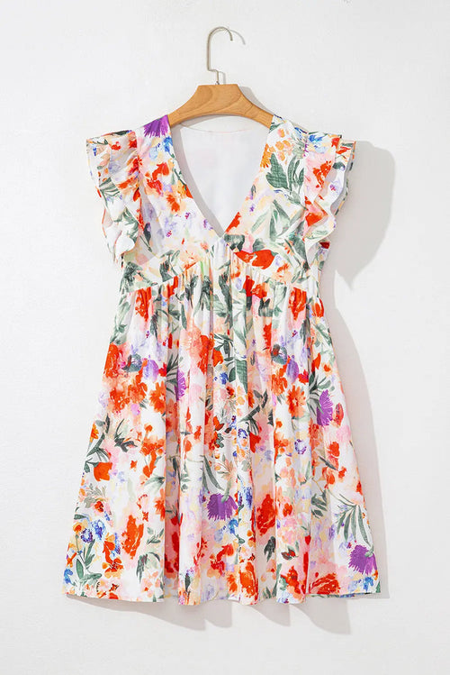 Pink Floral Double Ruffle Sleeve V Neck High Waist Mini Dress - Dresses/Floral Dresses