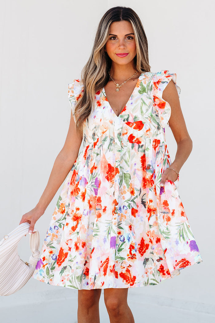 Pink Floral Double Ruffle Sleeve V Neck High Waist Mini Dress - S / 100% Polyester - Dresses/Floral Dresses