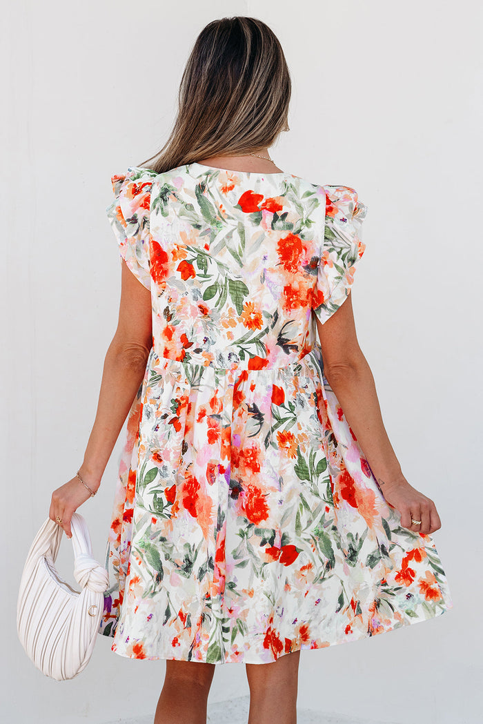Pink Floral Double Ruffle Sleeve V Neck High Waist Mini Dress - Dresses/Floral Dresses