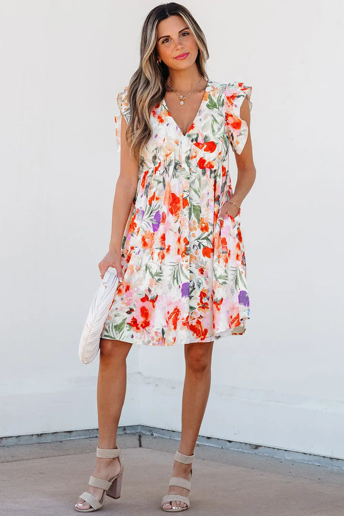 Pink Floral Double Ruffle Sleeve V Neck High Waist Mini Dress - Dresses/Floral Dresses