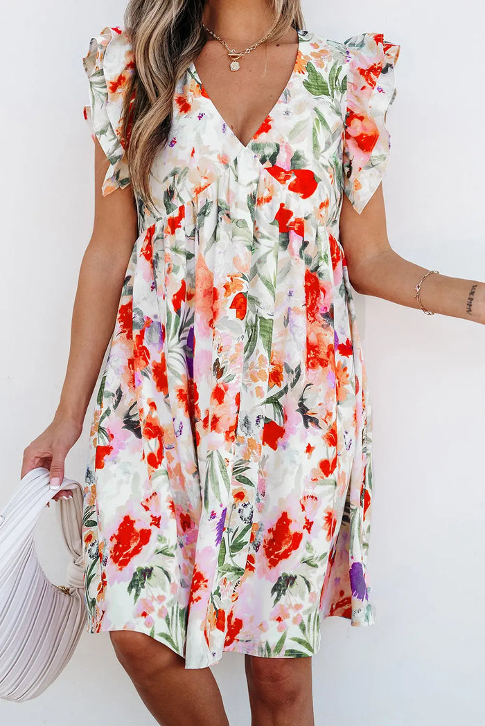 Pink Floral Double Ruffle Sleeve V Neck High Waist Mini Dress - Dresses/Floral Dresses