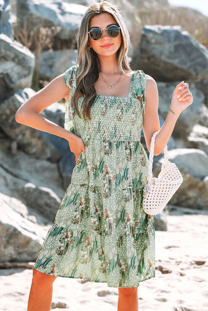 Grey Floral Knotted Strap Smocked Tiered Ruffle Mini Dress - Dresses/Floral Dresses