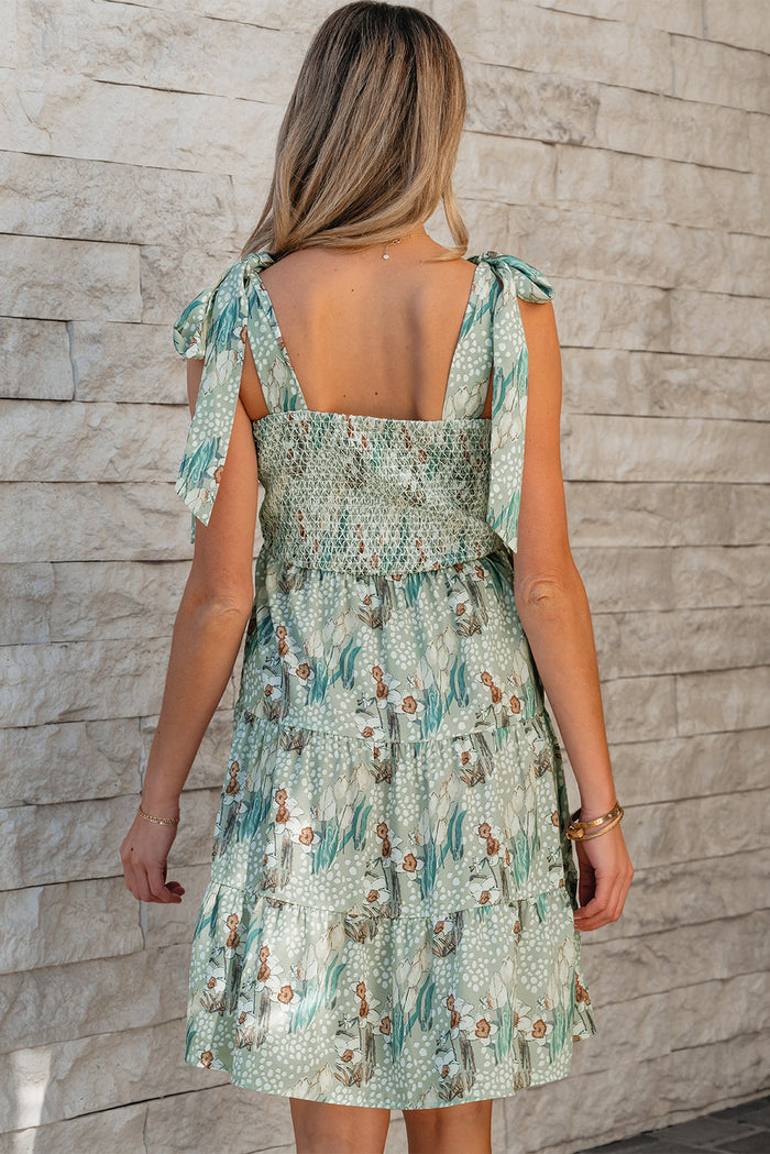 Grey Floral Knotted Strap Smocked Tiered Ruffle Mini Dress - Dresses/Floral Dresses