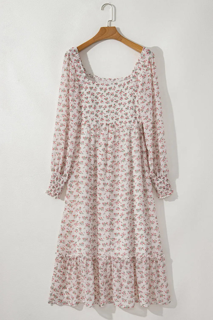White Floral Print Shirred Ruffled Hem Square Neck Midi Dress - Dresses/Floral Dresses