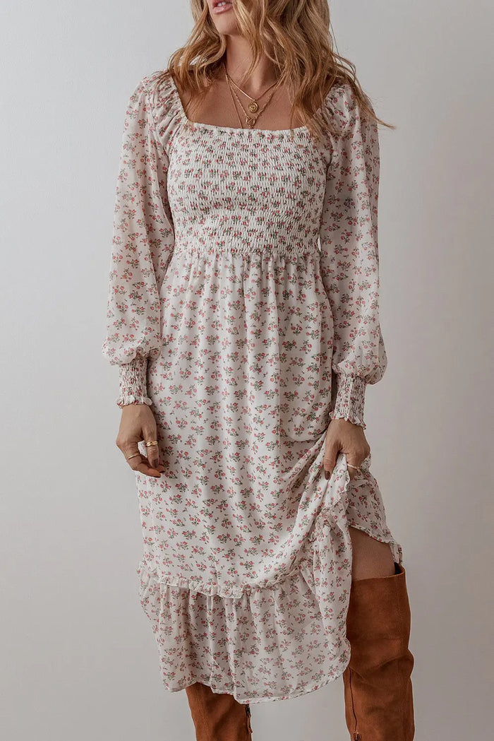 White Floral Print Shirred Ruffled Hem Square Neck Midi Dress - WHITE / S / 100% POLYESTER - Dresses/Floral Dresses