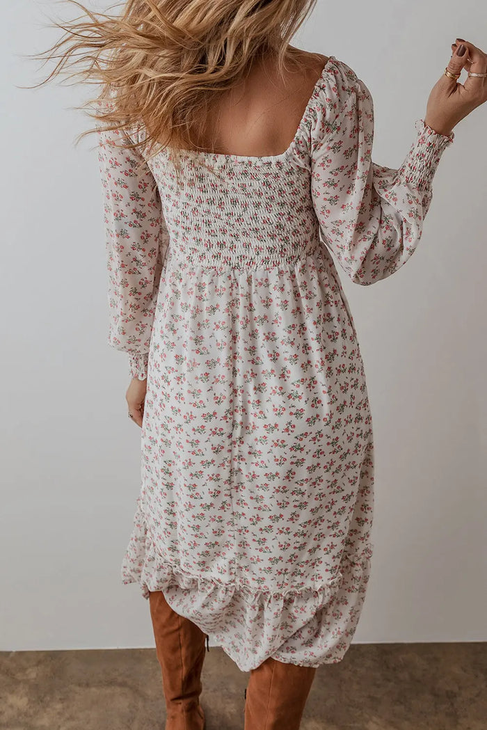 White Floral Print Shirred Ruffled Hem Square Neck Midi Dress - Dresses/Floral Dresses