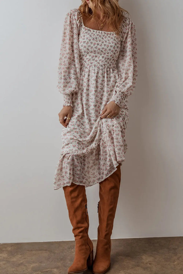 White Floral Print Shirred Ruffled Hem Square Neck Midi Dress - Dresses/Floral Dresses