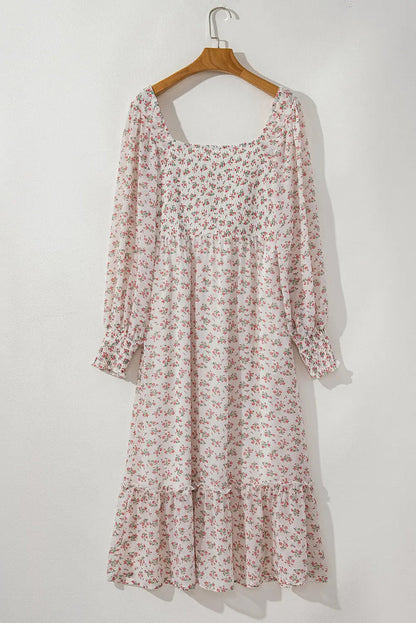 White Floral Print Shirred Ruffled Hem Square Neck Midi Dress - Dresses/Floral Dresses