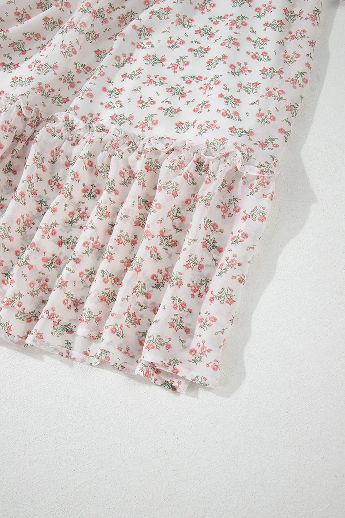 White Floral Print Shirred Ruffled Hem Square Neck Midi Dress - Dresses/Floral Dresses