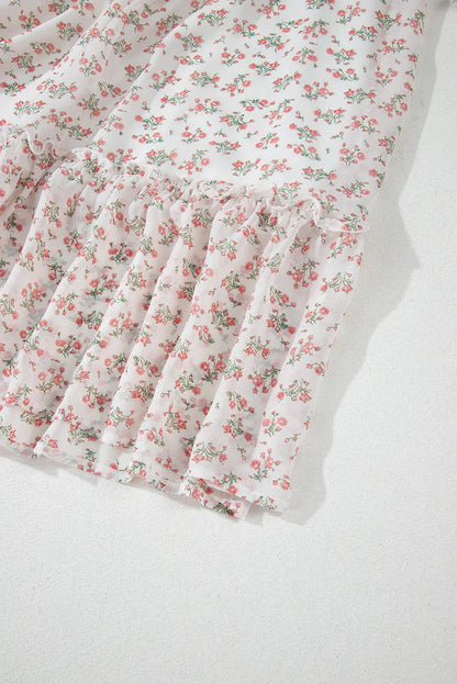 White Floral Print Shirred Ruffled Hem Square Neck Midi Dress - Dresses/Floral Dresses