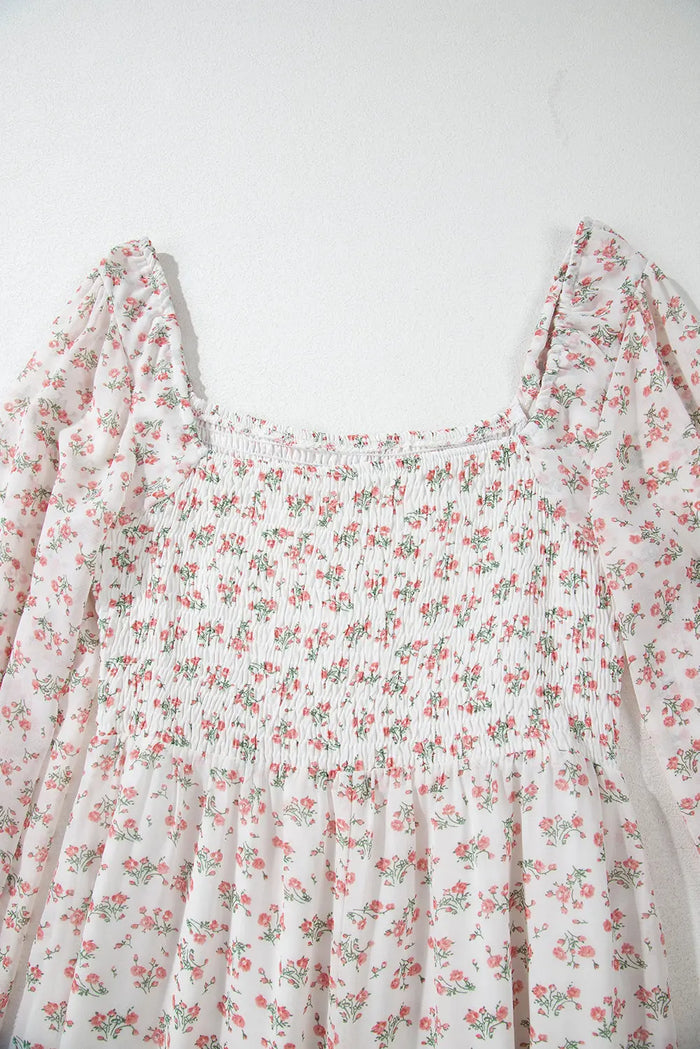 White Floral Print Shirred Ruffled Hem Square Neck Midi Dress - Dresses/Floral Dresses