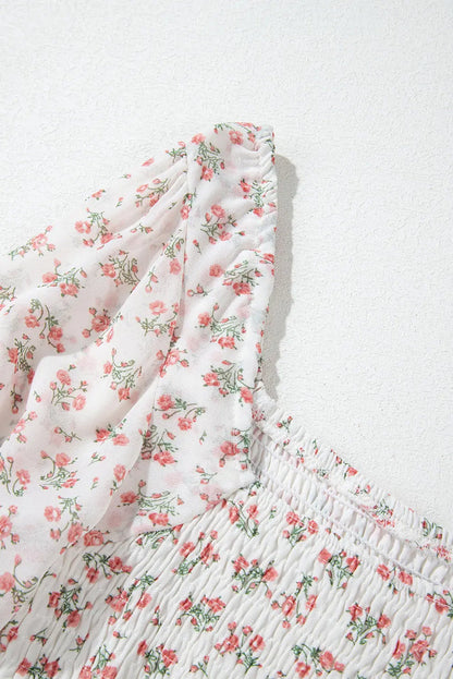 White Floral Print Shirred Ruffled Hem Square Neck Midi Dress - Dresses/Floral Dresses