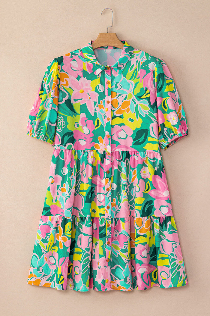 Green Floral Puff Sleeve Collar Buttoned Babydoll Dress - Dresses/Floral Dresses