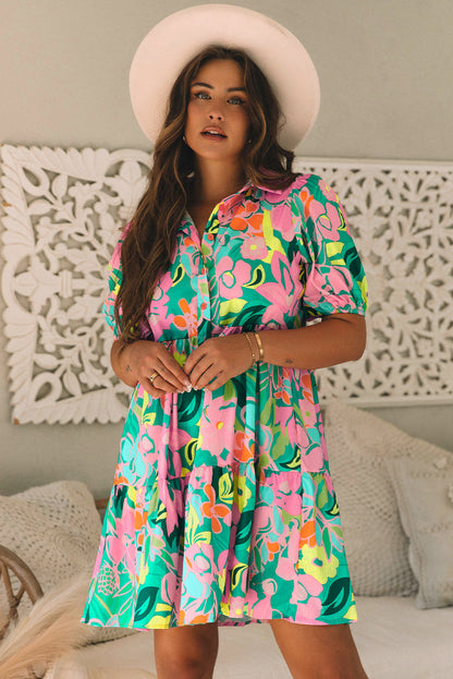 Green Floral Puff Sleeve Collar Buttoned Babydoll Dress - S / 100% Polyester - Dresses/Floral Dresses