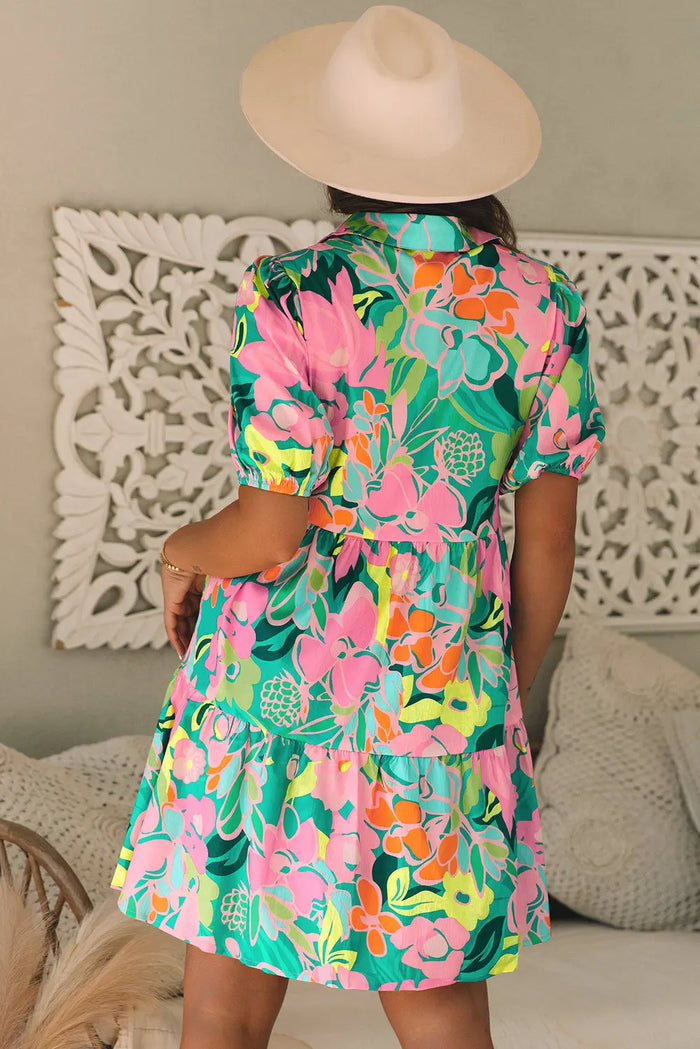 Green Floral Puff Sleeve Collar Buttoned Babydoll Dress - Dresses/Floral Dresses