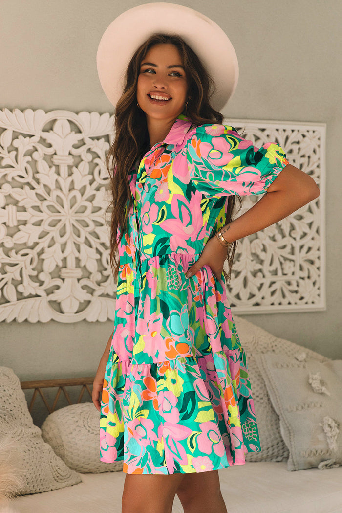 Green Floral Puff Sleeve Collar Buttoned Babydoll Dress - Dresses/Floral Dresses