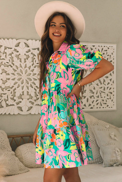 Green Floral Puff Sleeve Collar Buttoned Babydoll Dress - Dresses/Floral Dresses