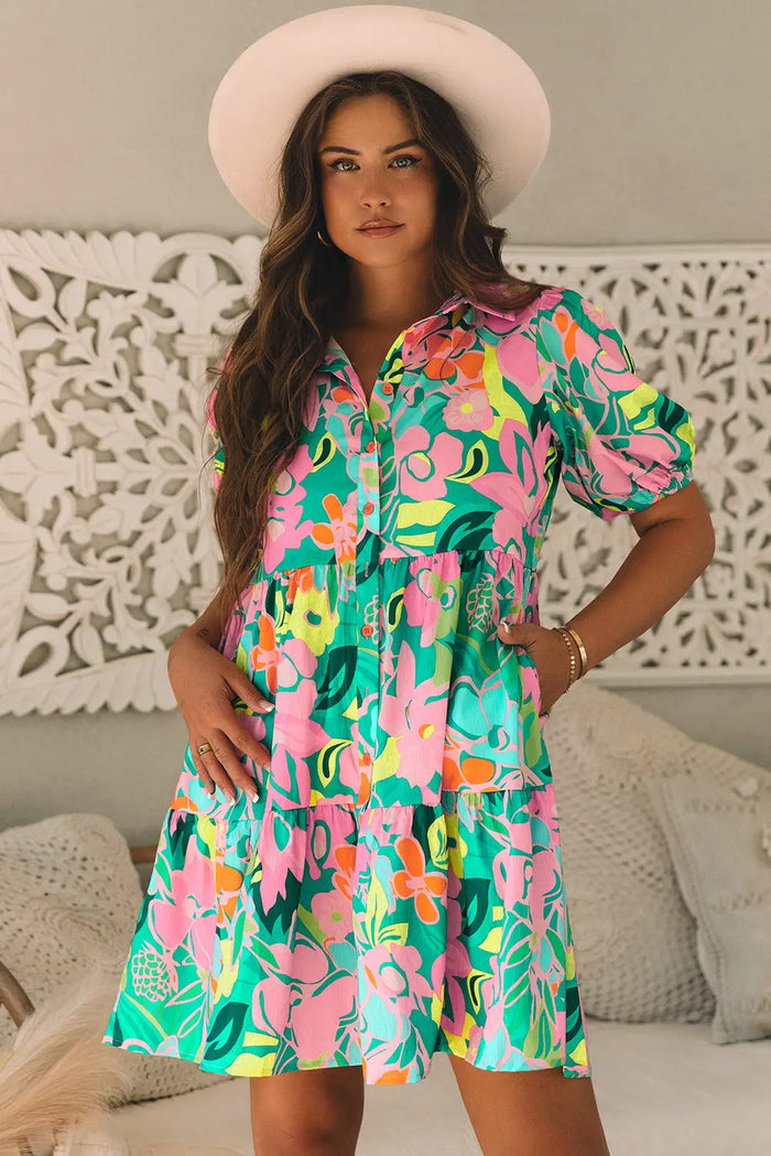 Green Floral Puff Sleeve Collar Buttoned Babydoll Dress - Dresses/Floral Dresses