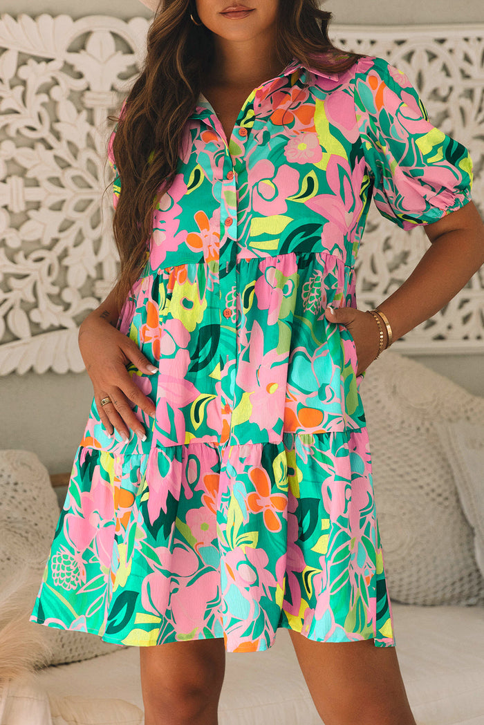 Green Floral Puff Sleeve Collar Buttoned Babydoll Dress - Dresses/Floral Dresses