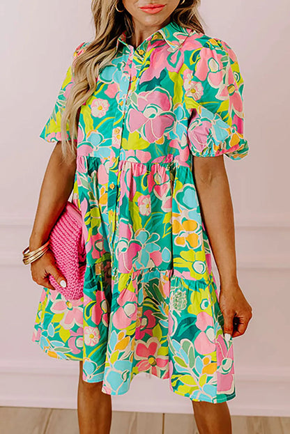 Green Floral Puff Sleeve Collar Buttoned Babydoll Dress - Dresses/Floral Dresses