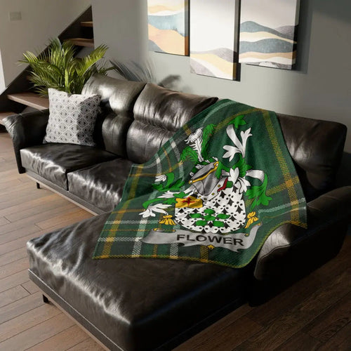 Green Tartan Blanket with Floral Crest Design