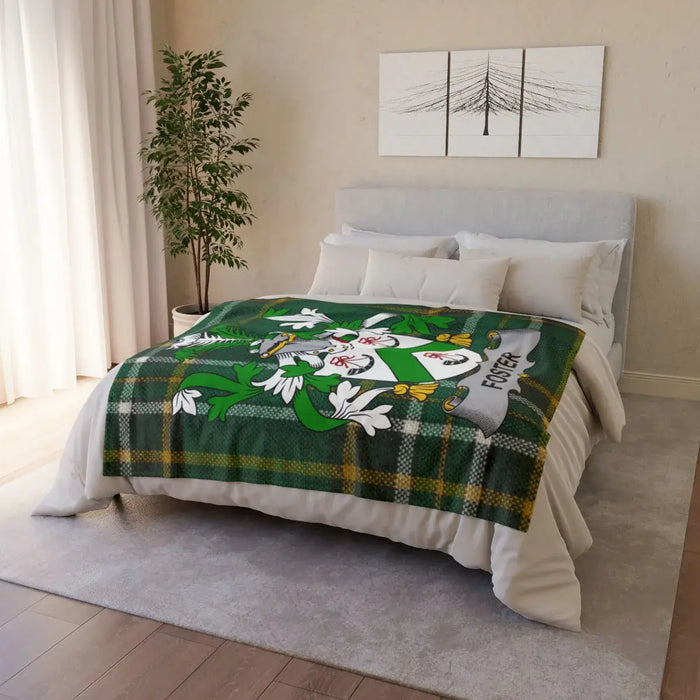 Foster Clan Crest Plaid Design Green and White Blanket