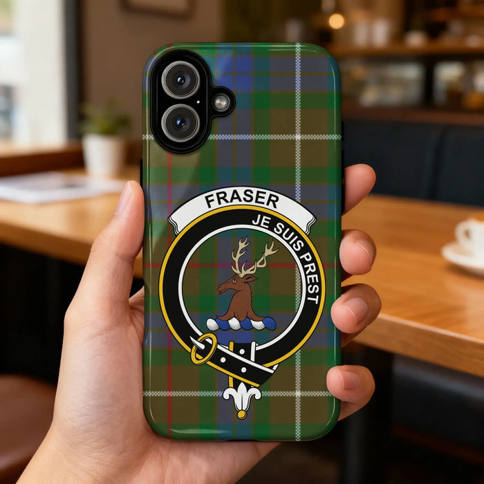 Fraser Je Suis Prest Samsung case — slim glossy phone case with full tartan wrap, rear view