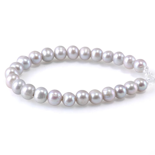 This is a Dakota Stones 9-10mm Freshwater Pearl Silver Potato 2mm Gemstone strand of round beads in 8 inch strand.