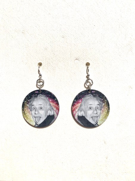 Albert Einstein caricature earrings with wild hair, eco-friendly jewelry made in USA