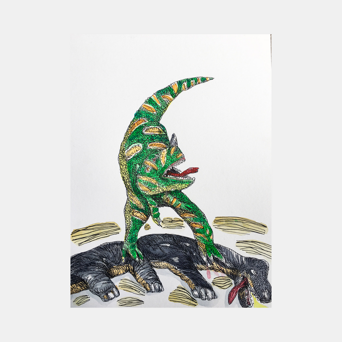 The artwork 'Gigantosaur' by Andrew Chan features a vibrant green dinosaur with intricate yellow patterns standing triumphantly over a fallen black creature. Created in ink and watercolor, the piece showcases detailed scale textures, dynamic posing, and bold linework against a white background, measuring 12x9 inches.