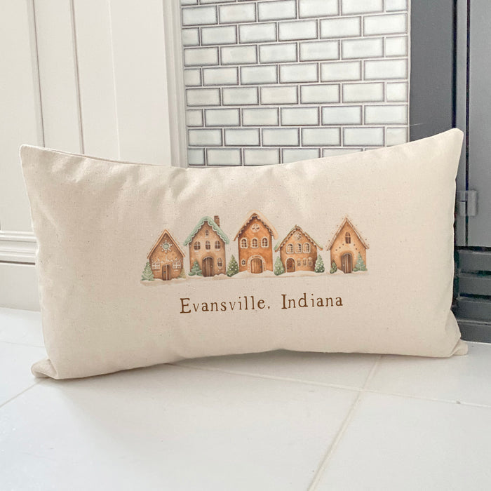 Gingerbread Houses w/ City, State - Custom Rectangular Canvas Pillow