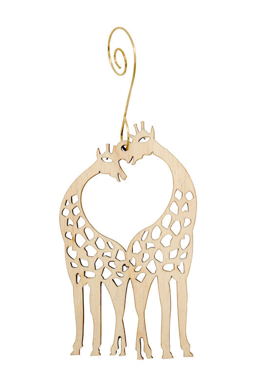 Giraffe heart wood Christmas ornament with spotted pattern, made in USA
