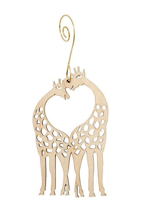 Giraffe heart wood Christmas ornament with spotted pattern, made in USA