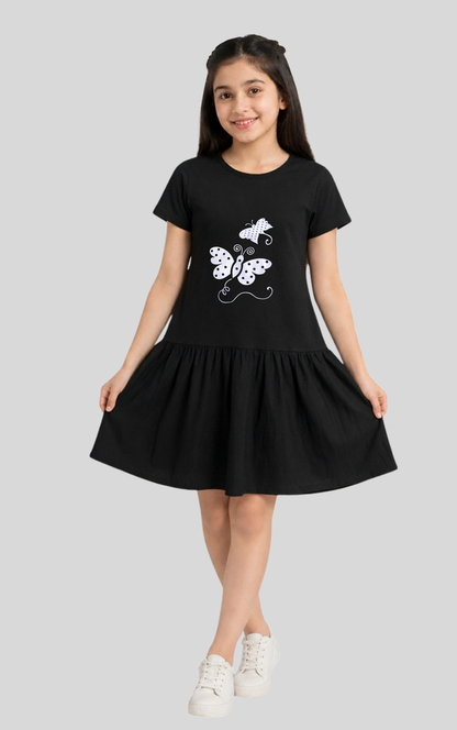 Girls Black Jersey Cotton Frock (White Butterfly)
