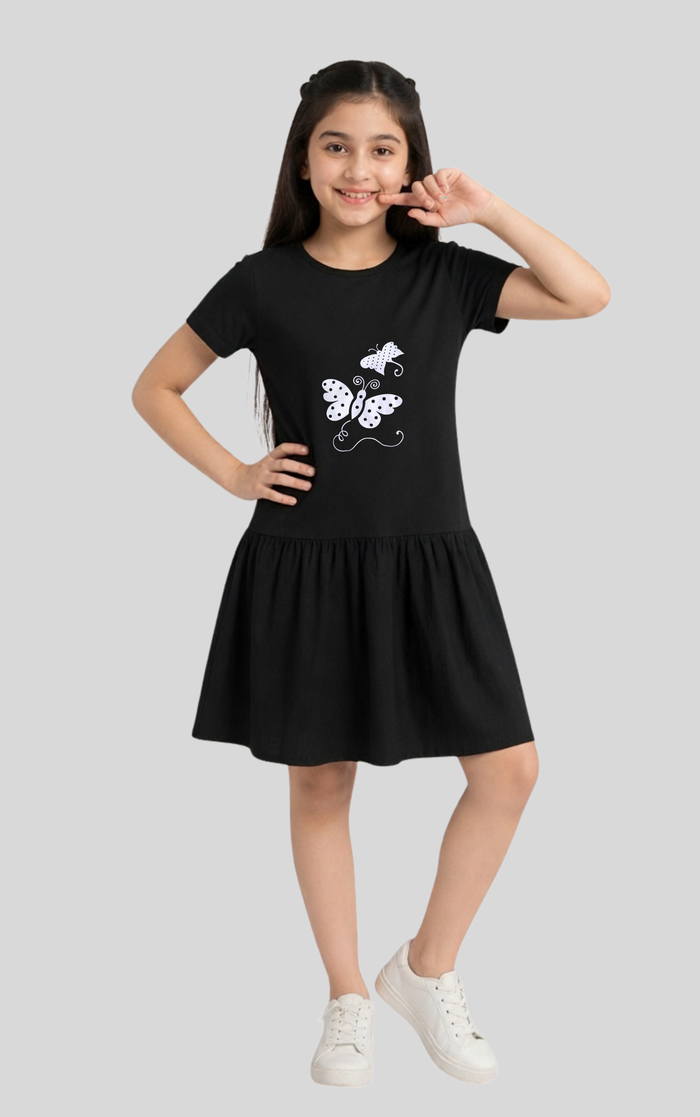 Girls Black Jersey Cotton Frock (White Butterfly)