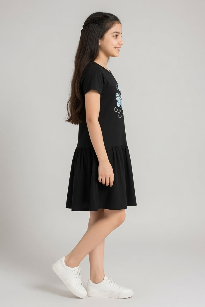 Girls Black Jersey Cotton Frock (White Butterfly)