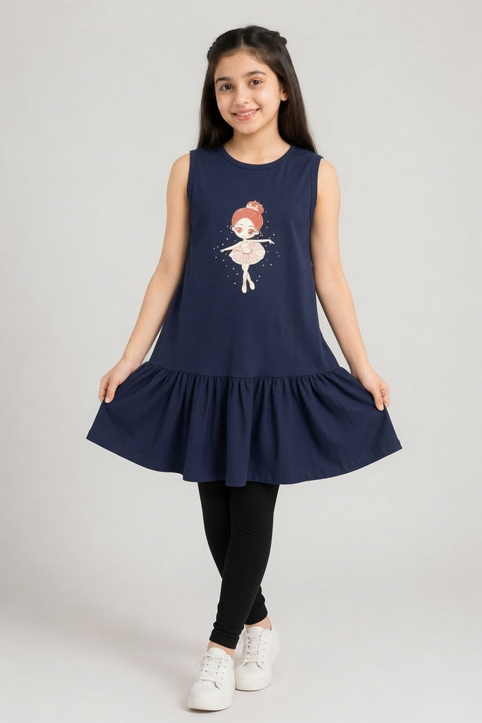 Girls Navy Blue Sleeveless Jersey Cotton Frock (Doll)