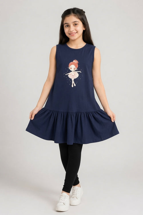Girls Navy Blue Sleeveless Jersey Cotton Frock (Doll)
