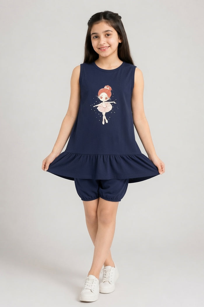 Girls Navy Blue Sleeveless Jersey Cotton Frock (Doll)