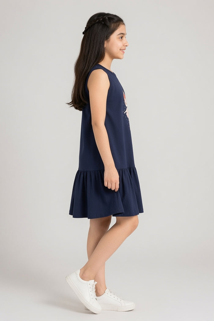 Girls Navy Blue Sleeveless Jersey Cotton Frock (Doll)