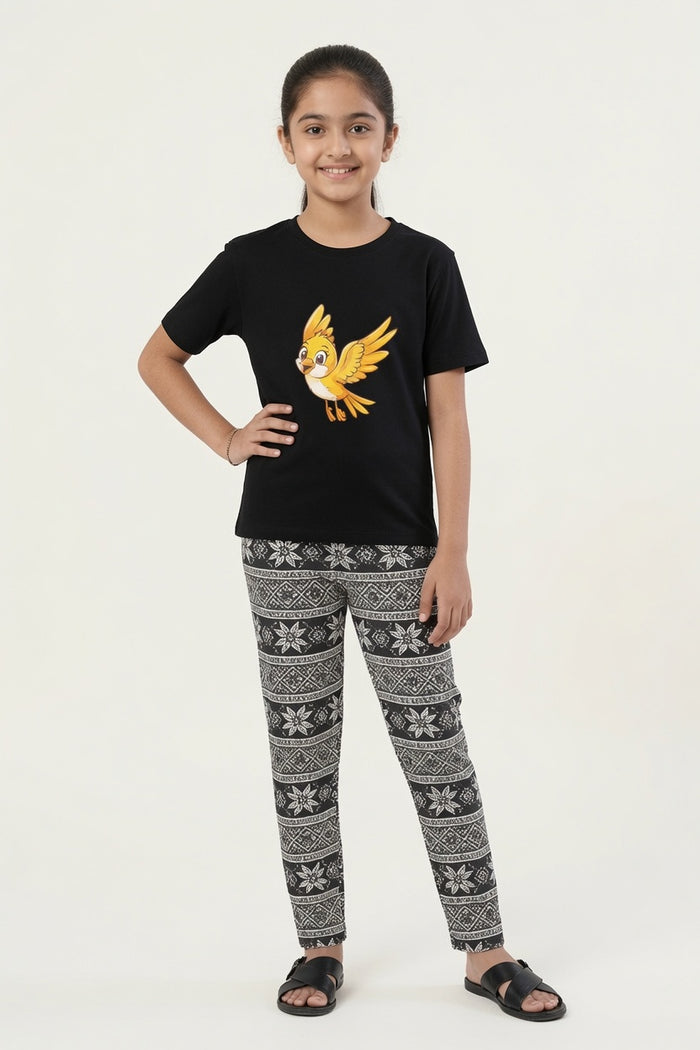 Girls Premium Black Bird Printed T-Shirt & Black White Printed Trouser Set